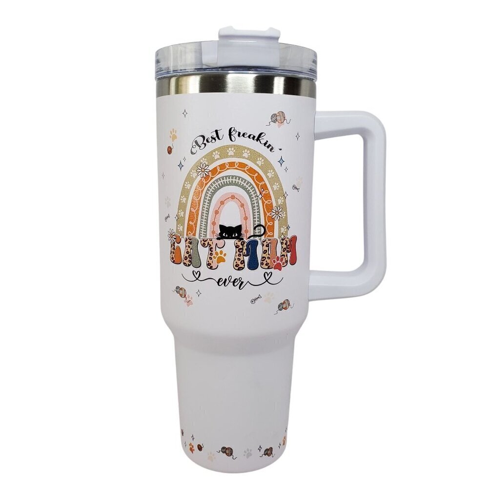 Cat Mom Gift 40 Oz Travel Tumbler Lid & Handle -Best Freakin Cat Mom Ever Design